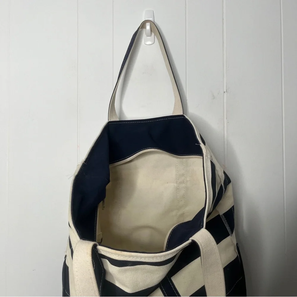 L.L. Bean Boat and Tote Striped Canvas Bag Navy & Cream Zip Top Large - Picture 6 of 14